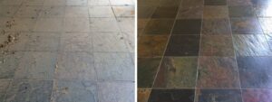 Natural stone floor before and after cleaning by Desert Tile and Grout Care
