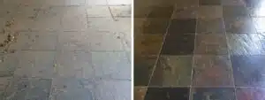Natural stone floor before and after cleaning by Desert Tile and Grout Care